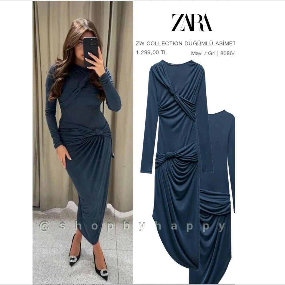 ZARA NEW WOMAN MIDI ZW COLLECTION ASYMMETRIC DRESS KNOTS BLUE GREY 8686/244 XS S